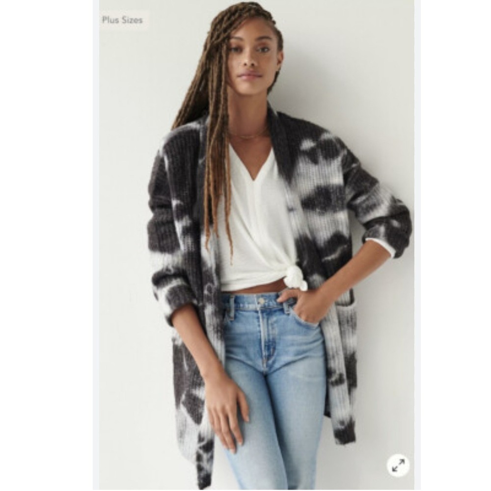 Anthropologie Avalon Tie Dye Open Front Cardigan Sweater Grey Black Wool Blend M